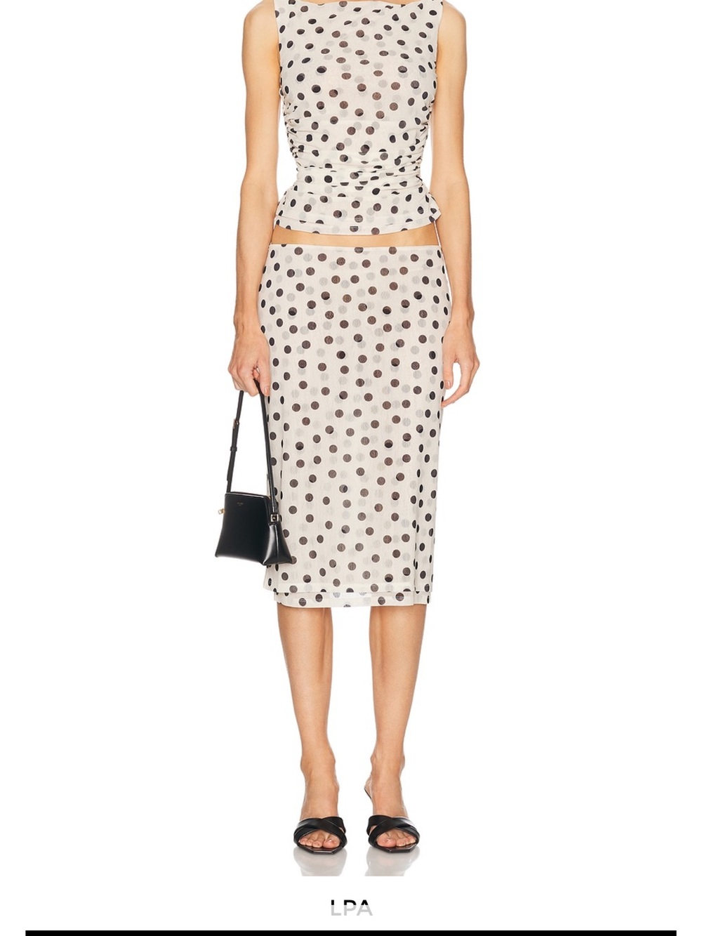 LPA Cream Midi Skirt and top with Black Polka Dots